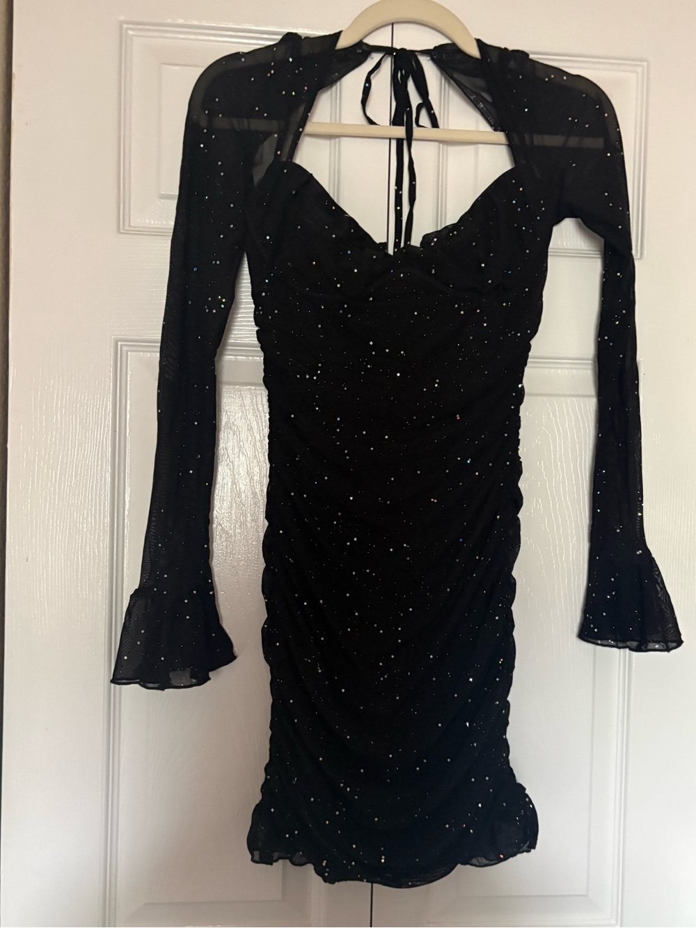 Black Sparkle Sheer-Sleeve Ruched Party Dress